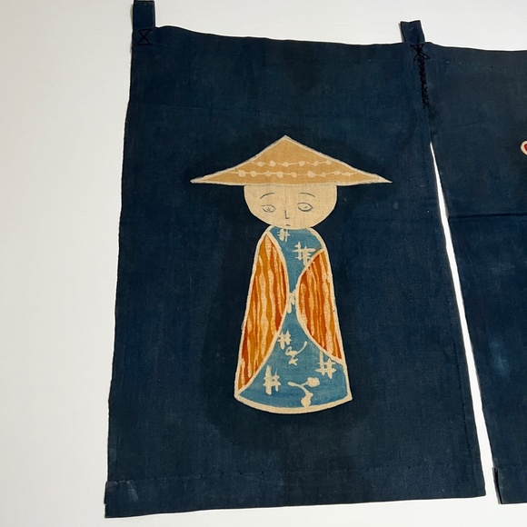 Vintage Noren Japanese Door Curtain Figures Dolls Navy Blue Traditional Textile - Picture 3 of 8